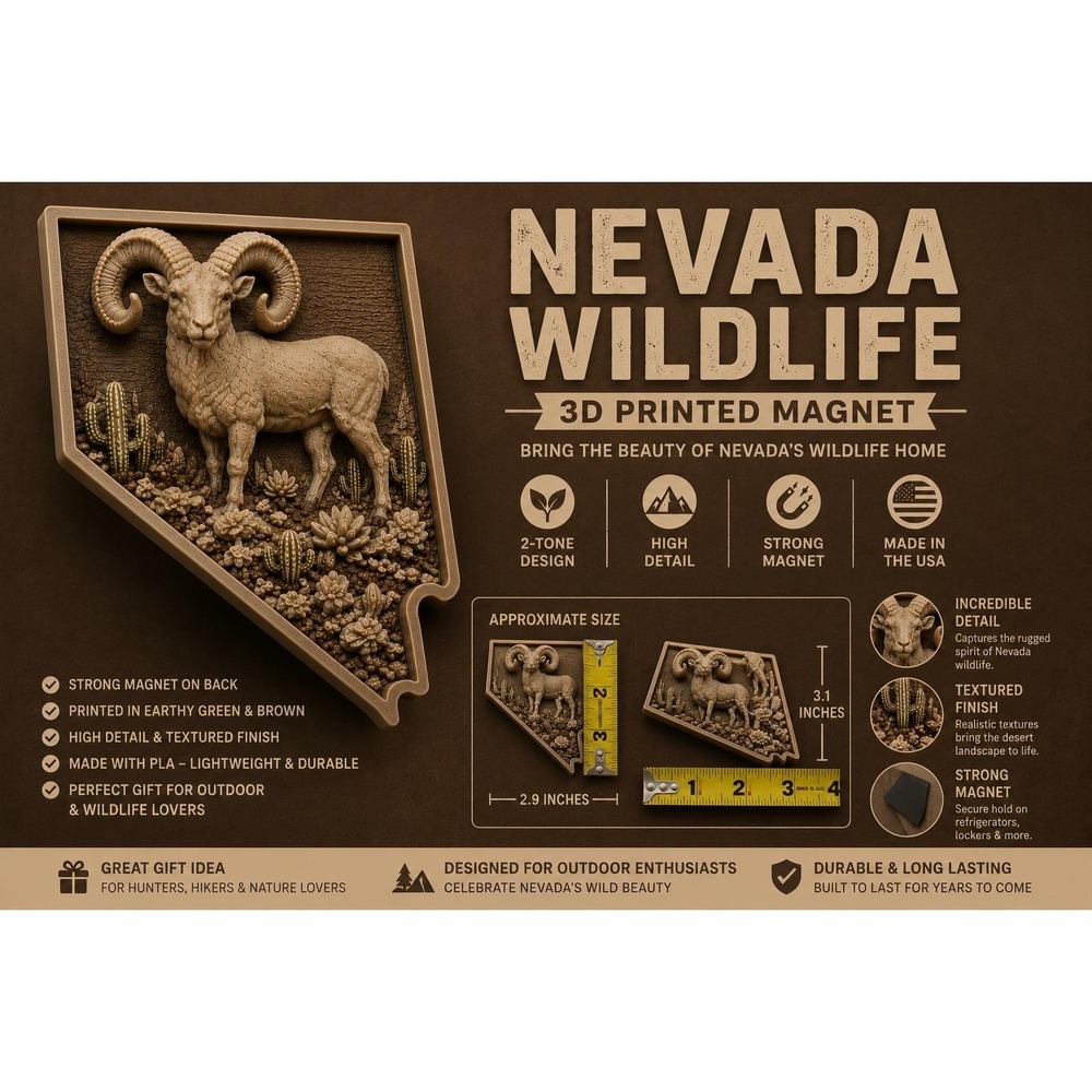 Nevada Wildlife 3D Printed Magnet Bighorn Sheep State Shape Brown Tan 3.1in